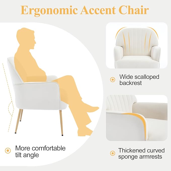 Velvet Accent Chair, Modern Upholstered Living Room Chairs, Luxury Single Sofa Armchair with Metal Legs, Comfy Barrel Chairs for Living Room, Bedroom, Waiting Room, Office and Cafe, Beige