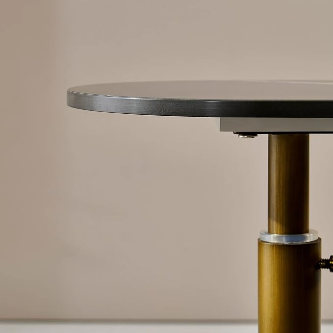Adjustable-Height Drink Table, Marble Pedestal Side Table, Modern Round End Table, Cocktail Accent Table with Metal Brass Base, Small Side Table for Small Spaces (Black)