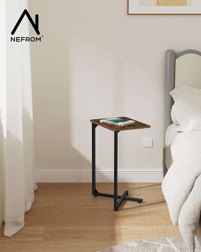 NEFROM C-Shaped End Table, Small Side Table for Couch, Sofa TV Tray Table for Living Room, Bedroom, Bedside ET-X-BRW1
