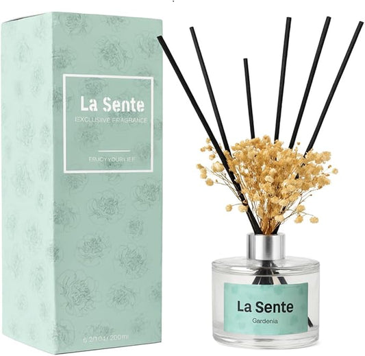 Reed Diffuser Set, Glass Bottle with Black Rattan Sticks, Dried White Flowers, 6.7fl oz, 200ml (Gardenia)