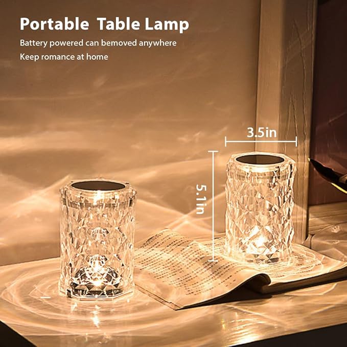 Portable Crystal Table Lamp, 3-Color Touch Control Rechargeable, 3-Levels Brightness Room Decor, Crystal Bedside Night Light for Kids, Bedroom & Dining Room (3-Color Rose)