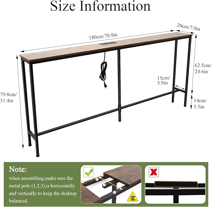 63 Inch Sofa Table，Narrow Console Table with Power Outlet，Slim Entryway Table for Living Room,Hallway,Bedroom(Rustic Brown)