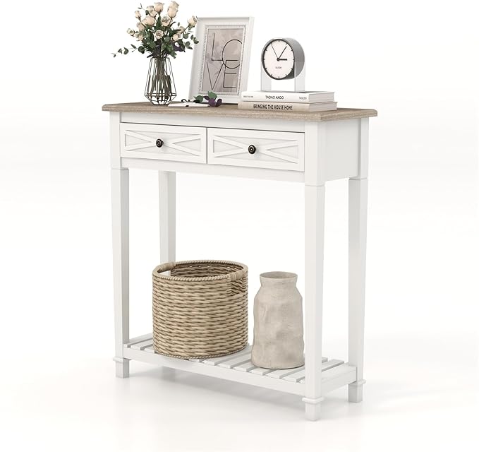 KINTNESS Console Table with 2 Drawers, Farmhouse Sofa End Table with Shelves for Entryway Living Room Hallway, White