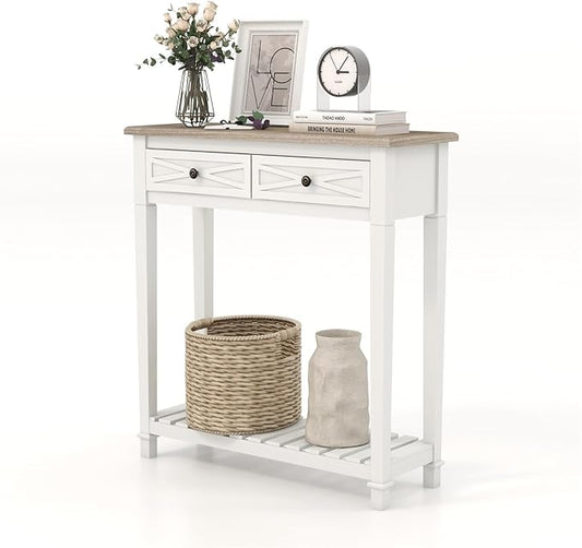 KINTNESS Console Table with 2 Drawers, Farmhouse Sofa End Table with Shelves for Entryway Living Room Hallway, White
