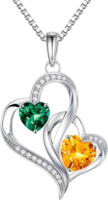 Iefil Christmas Gifts for Women - Double Heart Birthstone Necklace, 925 Sterling Silver Heart Pendant Necklace, Anniversary Birthday Gifts for Women | Personalized Jewelry Gift for Wife Mom Girlfriend