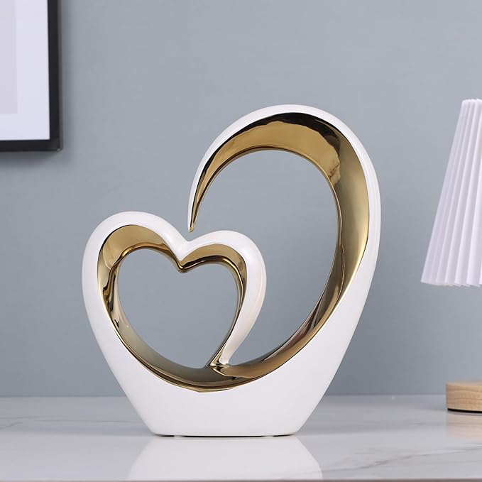 White Gold Ceramic Heart Statues - Abstract Home Sculptures for Bedroom, Wedding, Valentine Decor & Gifts for Women (Loving Hearts - Circular)