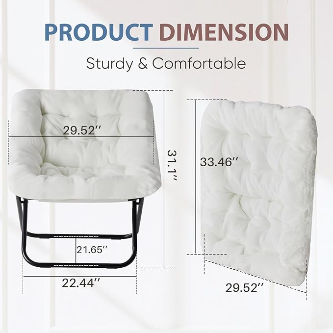 DUMOS Comfy Chair for Adults, Soft Faux Fur Folding Lounge for Bedroom Living Room Dorm Rooms Flexible Reading Chair for Teens, Large Size Foldable (Square-Creamy)