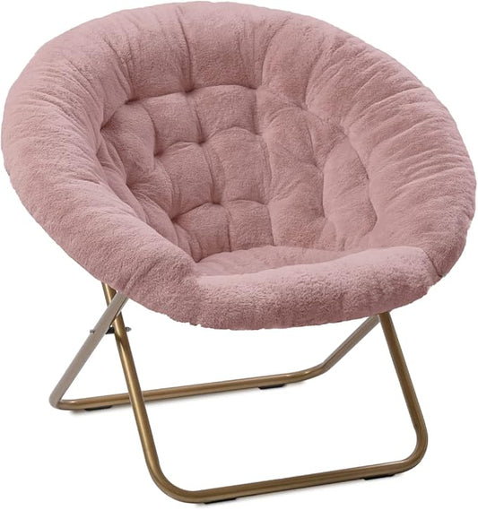Milliard Saucer Chair For Adults, Teens & Kids, Pink, Faux Fur XL Circle Chair for Bedroom, Dorm & Gaming, Foldable Comfy Accent Seat for Small Spaces, Folding Moon / Mushroom / Round Oversized Style