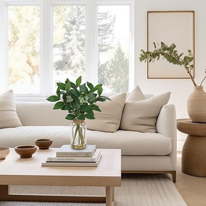 DILATATA Artificial Laurel Stems in Glass Vase with Faux Water and Real Stones 14" Fake Greenery Plant Bay Leaves for Home Office Farmhouse Bathroom Bedroom Kitchen Table Centerpiece Decor