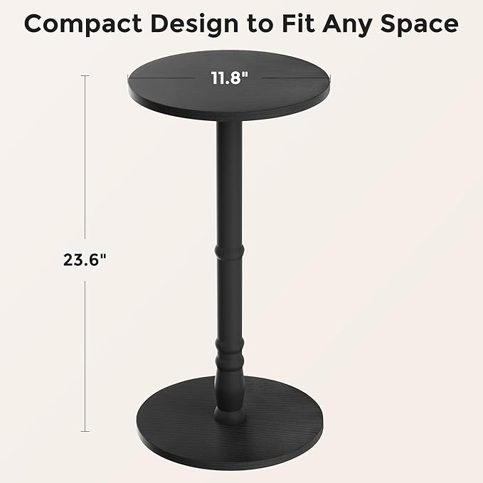Round Side Table, Solid Wood Pillar with Wood Top & Base, Small Drink Accent Table for Living Room, Bedroom, Sofa & Office, Easy Assembly, Black