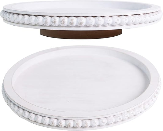 HPC Decor 12Inch Beaded Lazy Susan- Wooden Lazy Susan Organizer for Farmhouse Table Decor, Round Turntable for Table Cabinet,Countertop- Kitchen Turntable 360 Degrees Rotating Table Spinning Tray.