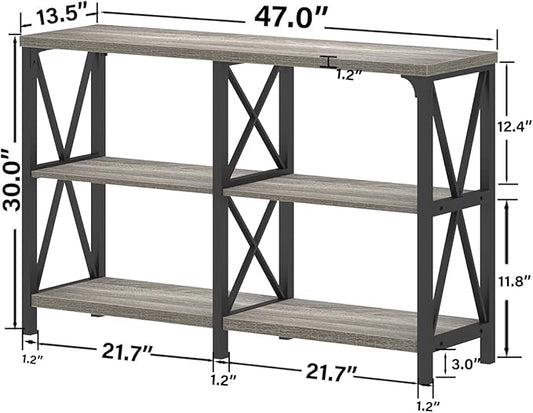 IBF Farmhouse Rustic Sofa Table, Modern Metal Wood 3 Tier Entryway Table, Industrial Console Table with Storage Shelves, Foyer Hallway Couch Table Behind Sofa for Living Room Bedroom, Grey Oak, 47 in