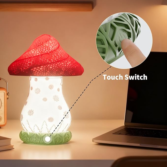 Mushroom Lamp, Cute Desk Lamp, Battery Operated Bedside Lamp as a Christmas Gift, 3-Way Dimmable Touch Lamp, Auto-Rotating Rechargable LED Night Light for Bedroom, Living Room.