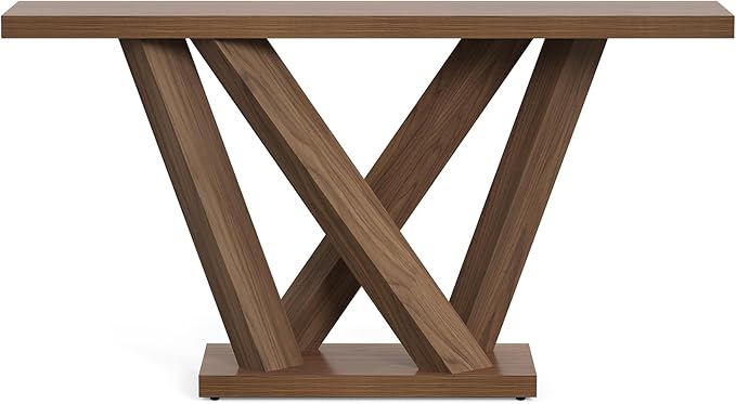 LITTLE TREE 63-Inch Console Table with Geometric Base, Modern Long Narrow Accent Sofa Table Behind The Couch, Wood Entryway Table for Hallway, Foyer, Living Room, Dark Brown