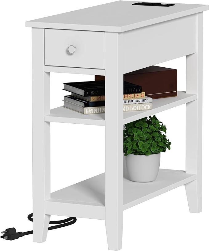 ChooChoo Narrow End Table with Charging Station, Side Table Living Room with USB Ports & Power Outlets and Hidden Drawer, 3-Tier Skinny Nightstand with 2 Open Storage Shelves for Small Place (White)