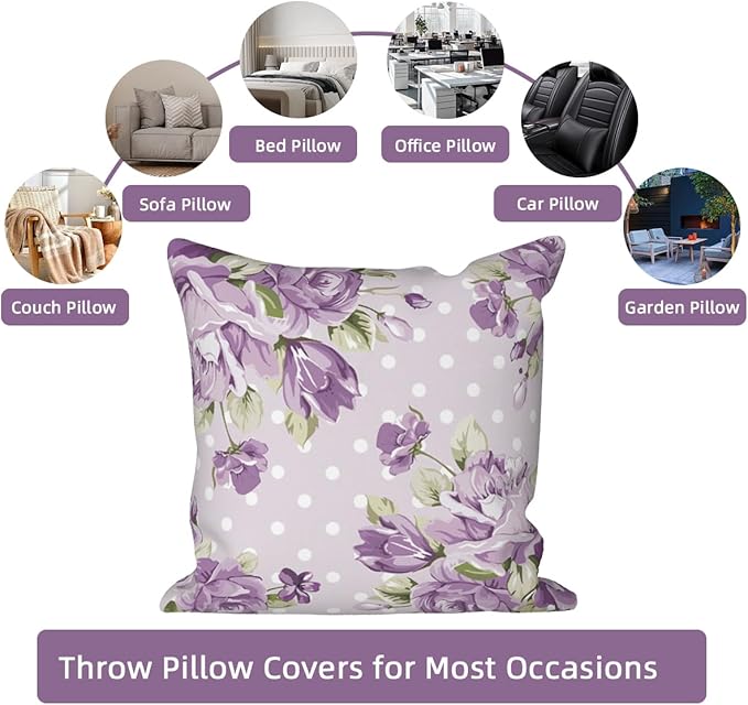 Purple Flower Throw Pillow Covers 18"x18" Set of 4, Vintage Roses Floral Couch Pillowcases for Chair Sofa Bed Living Room Office Car Garden Patio Farmhouse Indoor Outdoor Decorative