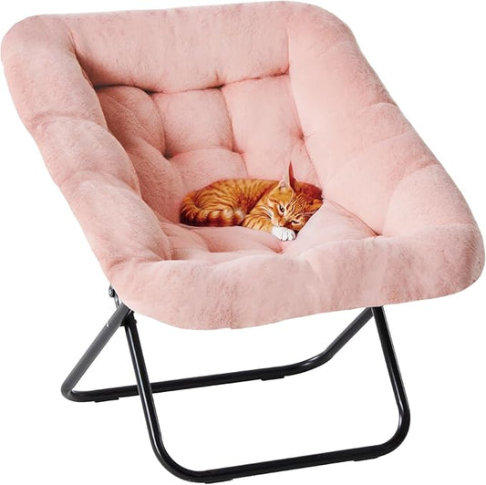 DUMOS Comfy Chair for Adults, Soft Faux Fur Folding Lounge for Bedroom Living Room Dorm Rooms Flexible Reading Chair for Teens, Large Size Foldable (Square-Pink)
