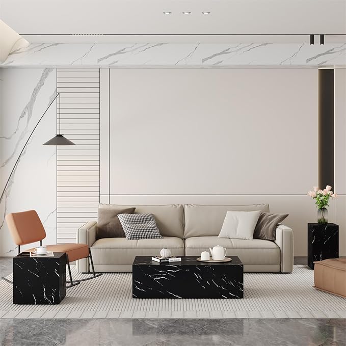 Coffee Table Set for 3, Living Room Table Set, Black Faux Marble Coffee Table and Side Table, Modern Coffee Table Set, Center Table Set, No Assembly Required - Ready to Use