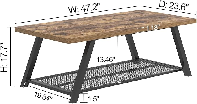 FOLUBAN 47 Inch Coffee Table, Industrial Wood and Metal Living Room Table with Storage Shelf, Rectangle Center Table, Rustic Brown