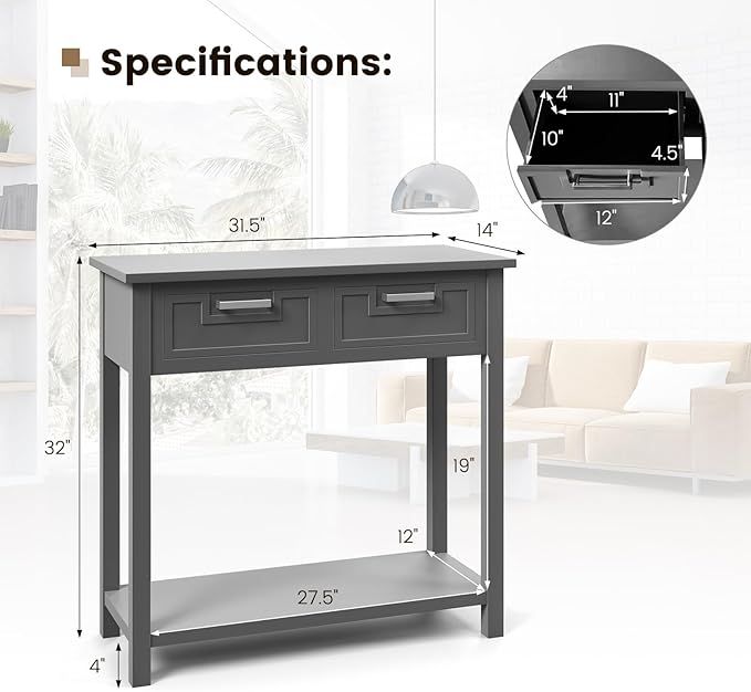 GOFLAME Small Console Table with 2 Drawers, 31” Entry Table with Storage Shelf, Modern, Narrow Sofa Table for Living Room, Hallway, Entrance (Gray)