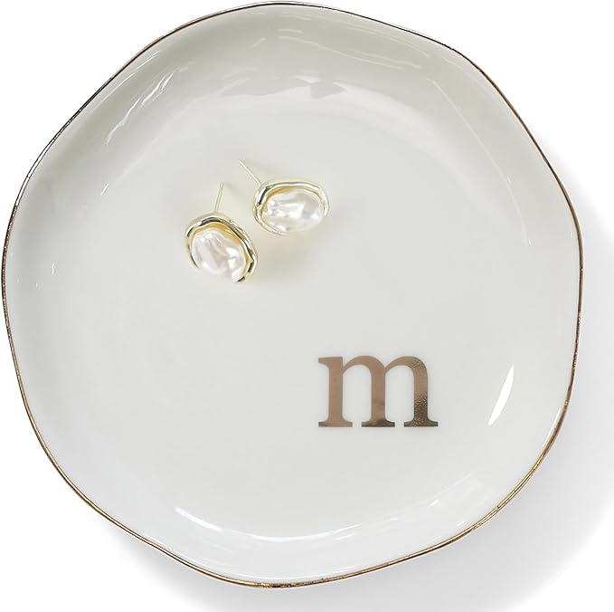HOME SMILE Initials Ring Dish Jewery Tray with Personalized M-Monogrammed Engagement Wedding Gifts for Friends,Sister,Birthday Christmas Gifts for Women,Ceramic White