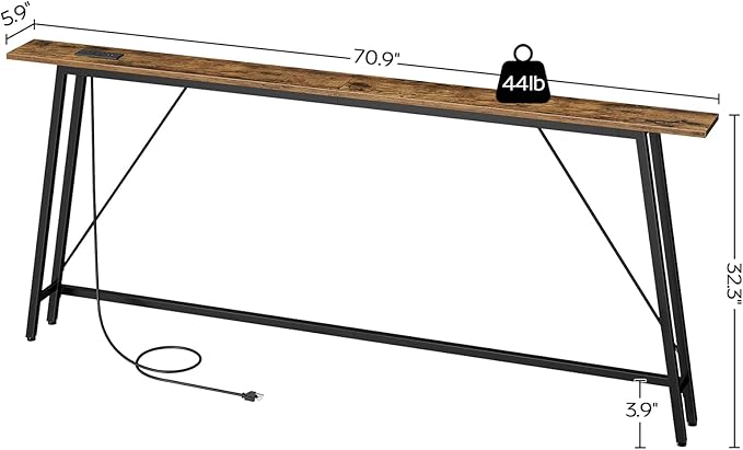 70.9" Couch Table Behind Sofa, Narrow Console Table with Outlet, Skinny Sofa Tables Narrow Long, Long Entryway Tables for Hallway, Entryway, Living Room, Rustic Brown and Black CT185UBR