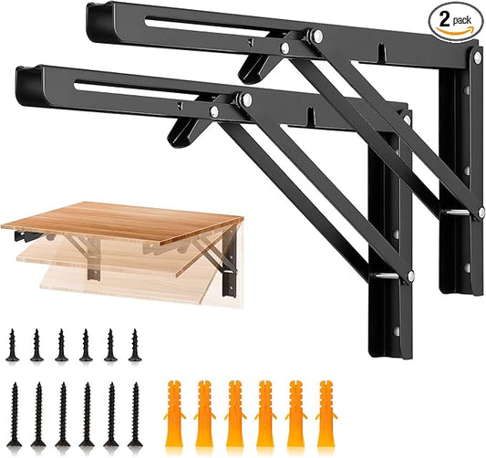 JOY DECOR 14 Inch Heavy Duty Folding Shelf Brackets, 2 Pack (1 Pair) Collapsible Wall Mounted Brackets for Fold Down Table, Stainless Steel Folding Table Hinge, Matte Black