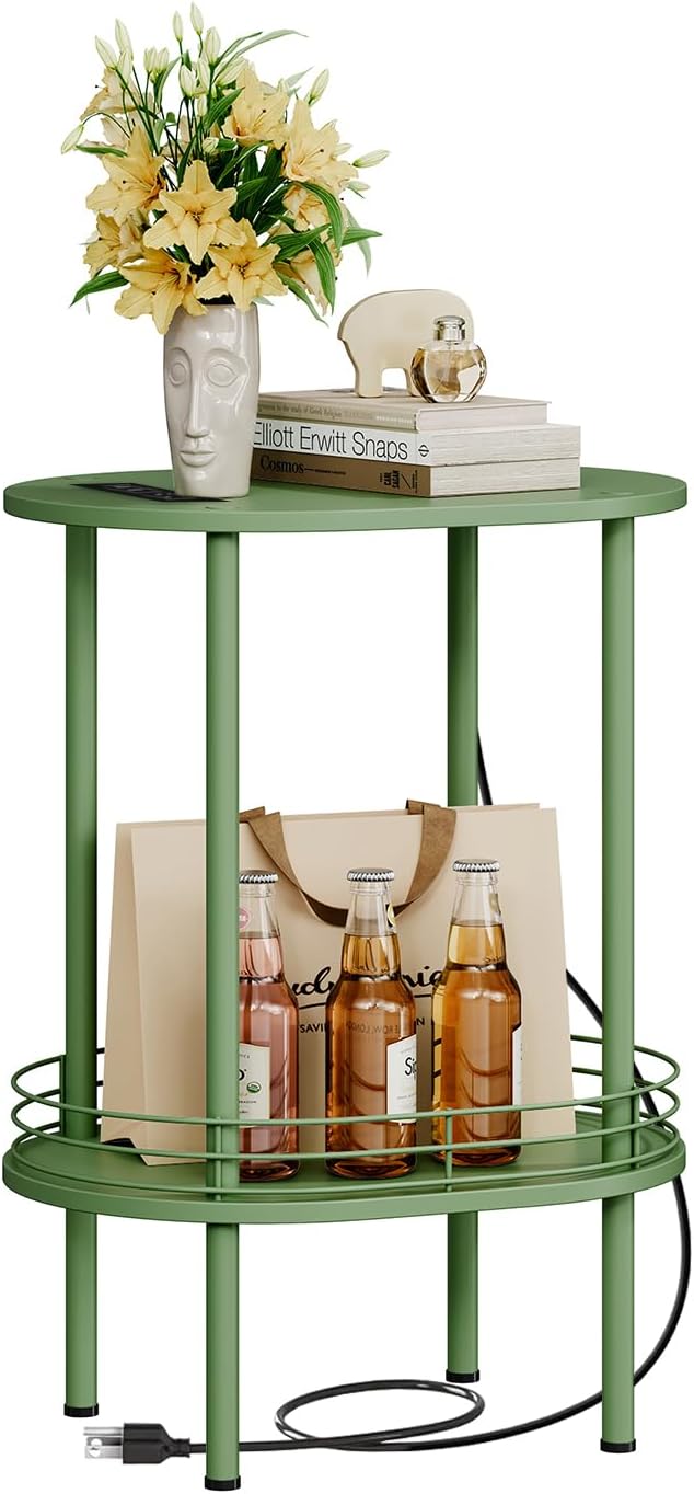 Small Round Side Table with Charging Station,Bedside Table with 2 USB Ports and Outlets, Morden Round Nightstand, Samll Side Table for Living Room,Bedroom, Nursery, Laundry, Green