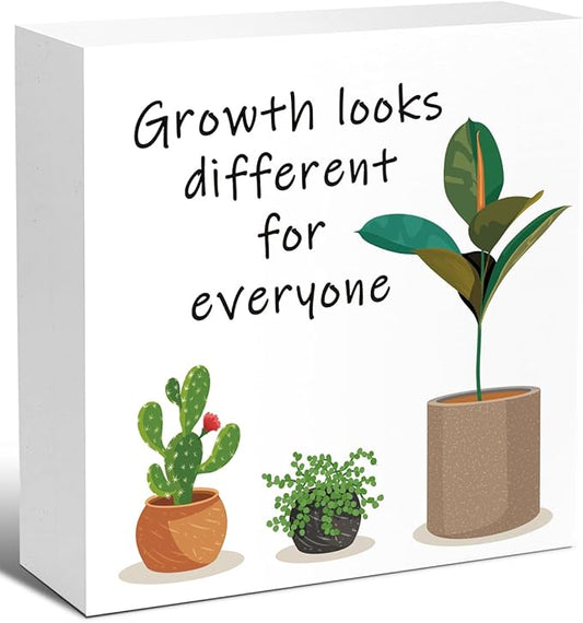 LVQHI Inspirational Wood Block Sign,Growth Looks Different for Everyone Plant Motivational Wooden Block Sign for Home Bedroom Office Desk Table Decor,Inspirational Cheer Up Gift for Coworker Friend