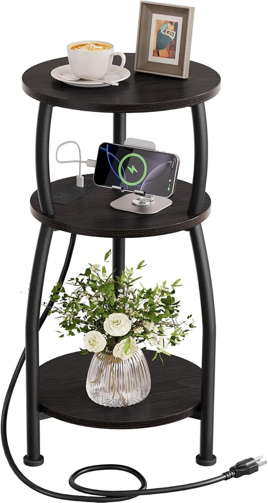 Round Side Table with Power Outlet & USB Ports, 3-Tier End Table with Storage Shelf, Modern Rustic Nightstand, Small Spaces Accent Table for Living Room Bedroom, Easy Assembly, Black