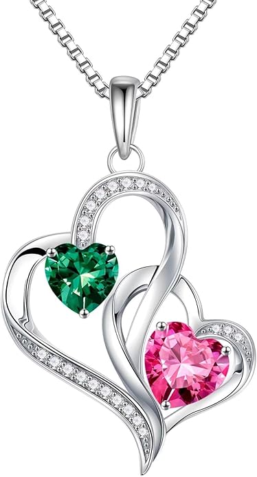 Iefil Christmas Gifts for Women - Double Heart Birthstone Necklace, 925 Sterling Silver Heart Pendant Necklace, Anniversary Birthday Gifts for Women | Personalized Jewelry Gift for Wife Mom Girlfriend