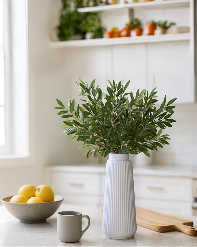 White Ribbed Ceramic Vase – Modern Elegant Flower Vase for Pampas Grass, Fresh or Dried Flowers, Minimalist Farmhouse Home Decor for Living Room, Dining Table, Wedding Centerpiece