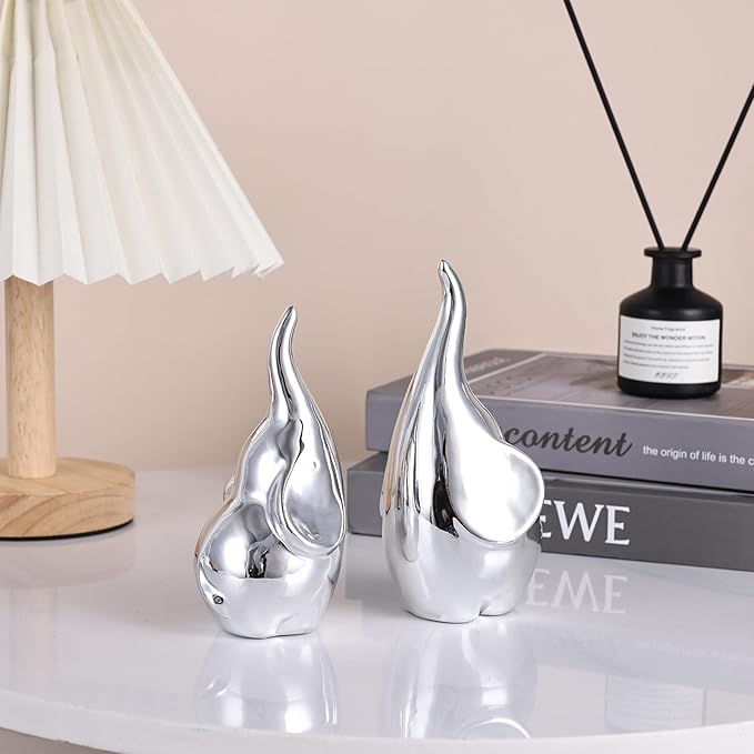 Ceramic Elephant Figurines with Trunk Up, Pair Couples Loving Statue, Small Figurines Sculpture African Home Decor, Valentine Elephants Gifts for Women, Wedding Knick Knacks(Silver