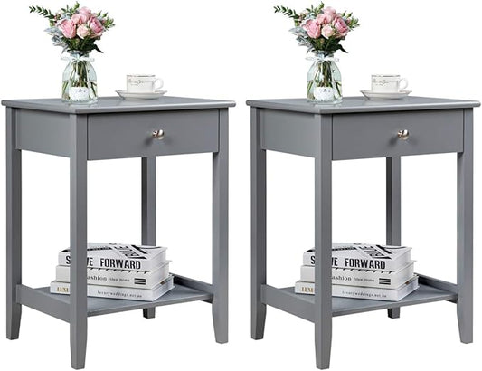 Giantex Nightstand Wooden 2-Tier Couch Sofa Side Table with Drawer, Storage Shelf, Solid Wood Legs,Mufti-Functional Home Furniture for Living Room Bedroom Study Room End Table (2, Gray)