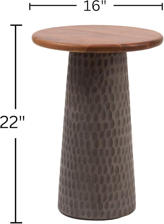 Mid-Century Farmhouse Design Hand-Carved Pedestial Solid Mango Wood Accent Drink Table, Small Round Side Table with Round Natural Top for Living Room, Bedroom or Entryway, Gray, Assembled