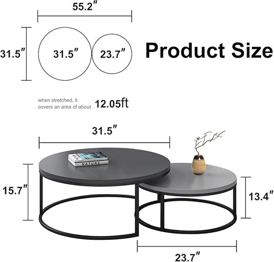 Round Nesting Coffee Table Set of 2, Modern Minimalist Accent Tables for Living Room, Bedroom, Office, Stackable Side Tables (Light & Dark Gray)