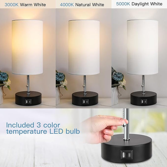 3-Color Temperature Bedside Lamp Nightstand Lamp with USB A Port and C Port, Table Lamp for Bedroom with LED Bulb Small Lamps for Living Room (White)
