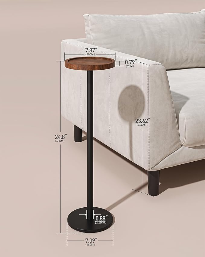 Drink Table, Small Pedestal Side Table, Round Cocktail Table, Circle End Table with Metal Base, for Small Spaces, Walnut Brown & Black