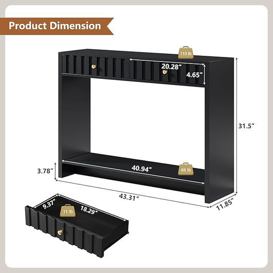 AVZEAR Entryway Console Table with Fluted Drawers, Mid Century Entryway Table with Storage, 43" Long Couch Table Behind Sofa Narrow Sofa Table Console Tables for Living Room Hallway Entrance, Black