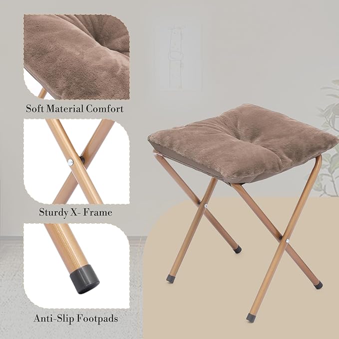 Athena Collection Saucer Chair with Ottoman Comfy Chair for Bed Room Living Room Folding Round Cozy Chair Faux Fur Metal Frame Foldable Lazy Chair Accent Chair Reading Chair, Brown