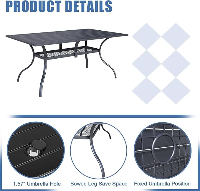 Oakcloud 60"x37" Patio Dining Table, Outdoor Metal Rectangular Table Patio Furniture Classic Black Table with 1.57" Umbrella Hole, for Garden Backyard Poolside Deck