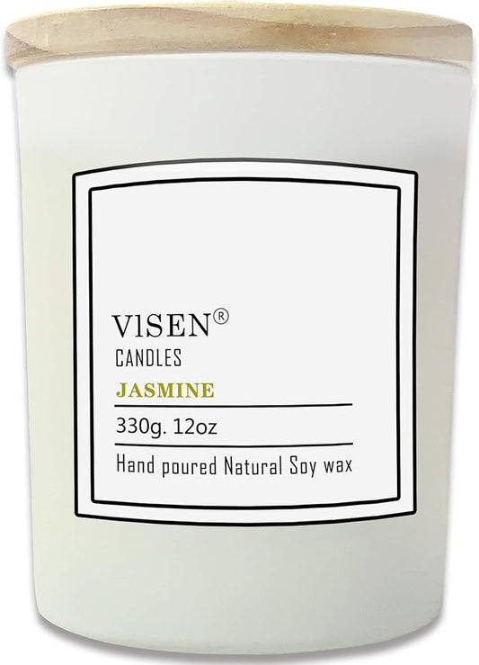 Soy Scented Candles, Natural Organic Candles for Home Scented with Thick Frosted Glass and Bamboo Wood Lid, 12 Oz/50 Hour Long-Lasting, Highly Scented Candle for Fall Decor Great Gifts(Jasmine)