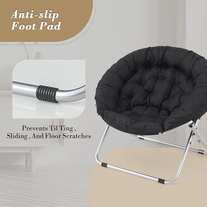 Athena Collection Comfy Saucer Chair Folding Cozy Chair for Bedroom Living Room Accent Chair Fabric Reading Chair Foldable Metal Frame Lazy Chair Moon Chair for Adult, Black