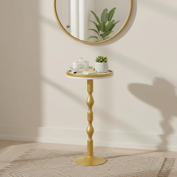 Small Round Drink Table,Pedestal Tables,Small Round Side Table for Narrow Spaces,End Table for Living Room, Bedroom, Bathroom,Balcony (White Gold)