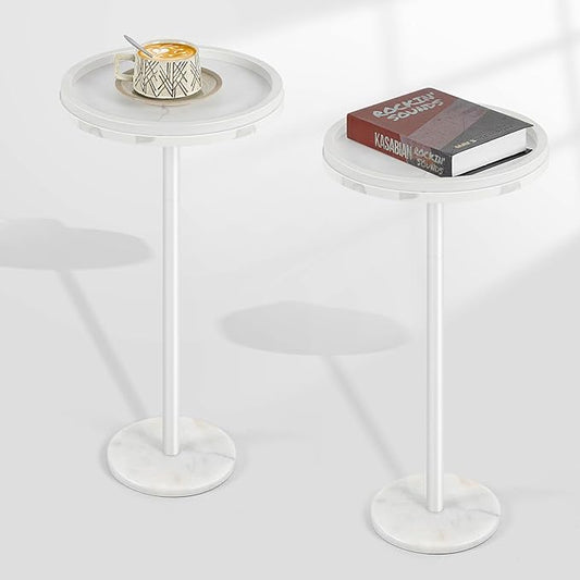smusei 2 Pack Small Round Side Table Drink Table with Marble Base Pedestal Table for Small Spaces Round End Table with Anti-Fall Guard for Living Room Bedroom Home Decor, White