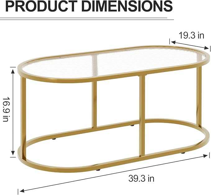 Coffee Table Gold Glass Coffee Table for Living Room, Oval Table Center Table with Ribbed Glass Top and Sturdy Metal Frame,Modern Glass Accent Tables for Bedroom Home Office