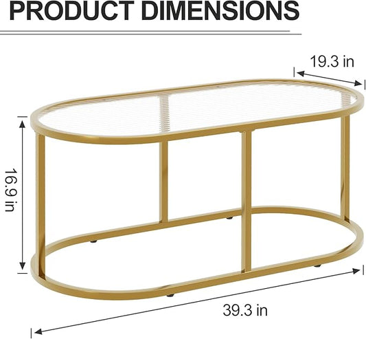 Coffee Table Gold Glass Coffee Table for Living Room, Oval Table Center Table with Ribbed Glass Top and Sturdy Metal Frame,Modern Glass Accent Tables for Bedroom Home Office