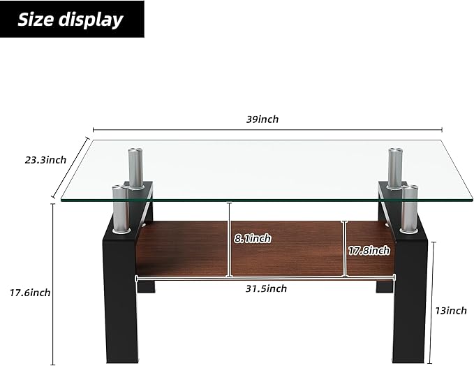 Modern 2-Tier Coffee Table with Tempered Glass Top, MDF Shelf & Metal Legs, Rectangular Living Room Center Table, Sturdy & Stylish Table for Small Spaces, Lounge or Office