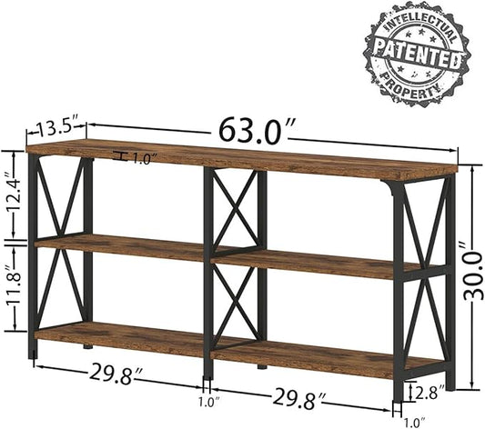 IBF Rustic Console Table, Modern Entryway Table with Storage Shelves, Industrial Metal Wood Sofa Tables Behind Couch, Farmhouse 3 Tier Foyer Hallway Tables for Bedroom, Rustic Brown, 63 in