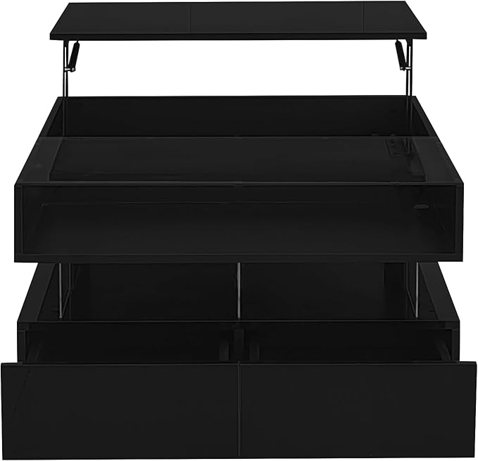 Lift Top Coffee Table with 2 Drawers and LED Lights, Modern 29.5" Square High-Gloss Center Table Cocktail Tea Table with Glass Top and Hidden Space for Living Room Apartment Black